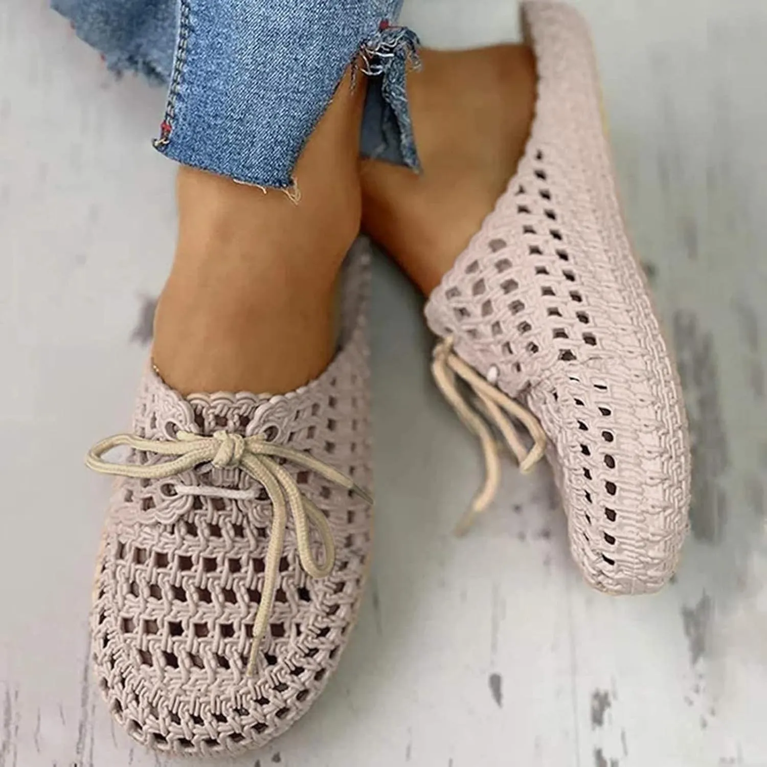 AKIWOS Walking Shoes for Women,Lady Casual Breathable Hollow-Out Round Toe Slip-On Shoes Flat with Sneakers