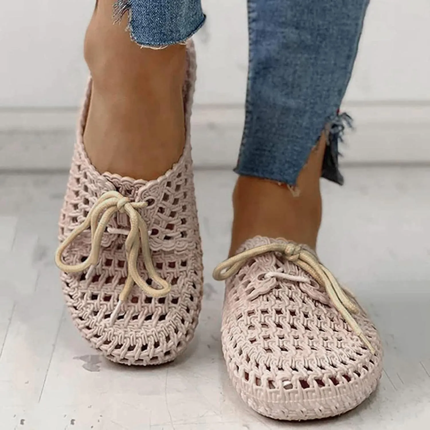 AKIWOS Walking Shoes for Women,Lady Casual Breathable Hollow-Out Round Toe Slip-On Shoes Flat with Sneakers