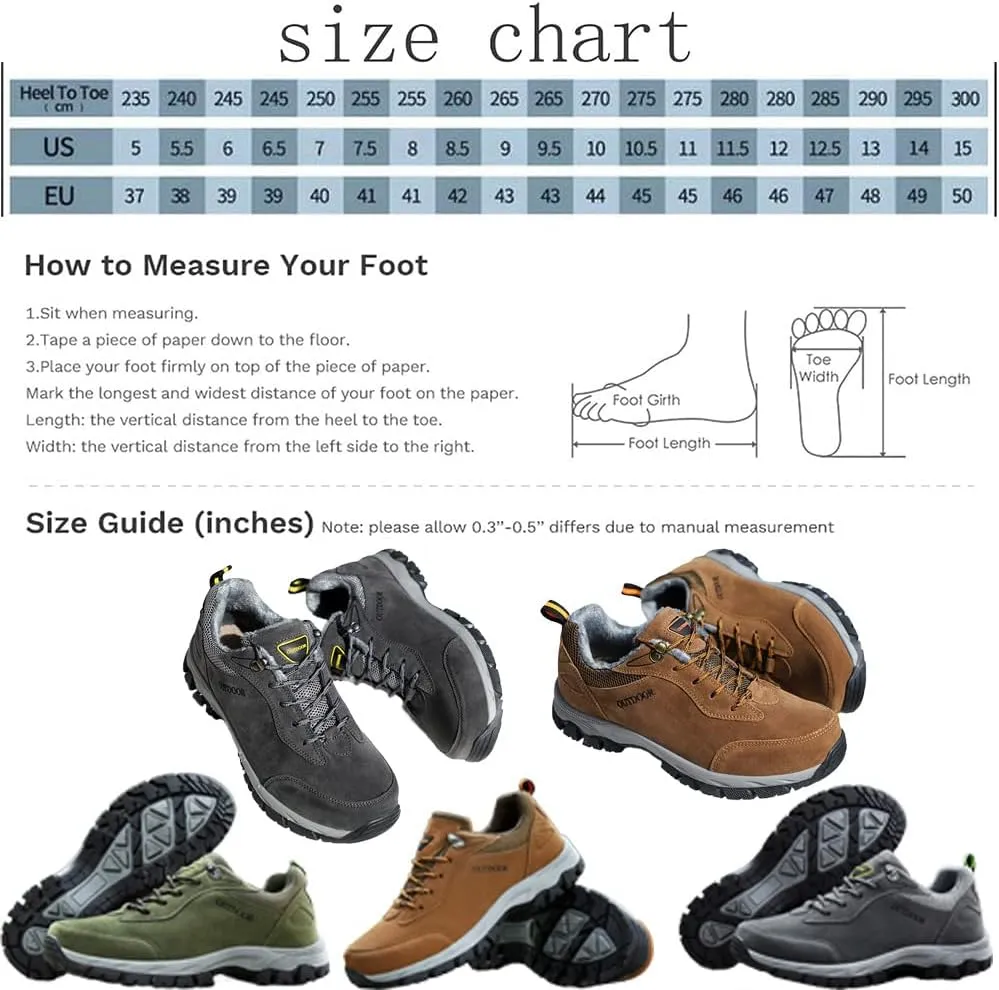 AngryMonkey Mens Suede Hiking Shoes Waterproof Platform Lace Up Slip On Autumn&Winter with Arch Support Ankle Plus Size Outdoor Sneakers