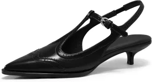 Coutgo Womens Slingback Kitten Heels Oxford T Strap Pumps Low Heel Closed Pointed Toe Vintage Dress Shoes