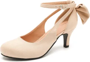 Enelauge Women's Mary Jane Bow Closed Toe Vintage Pumps Low Kitten Heel Retro Ankle Strap Buckle Comfortable Vintage Wedding Evening Party Dress Office Work Church Shoes