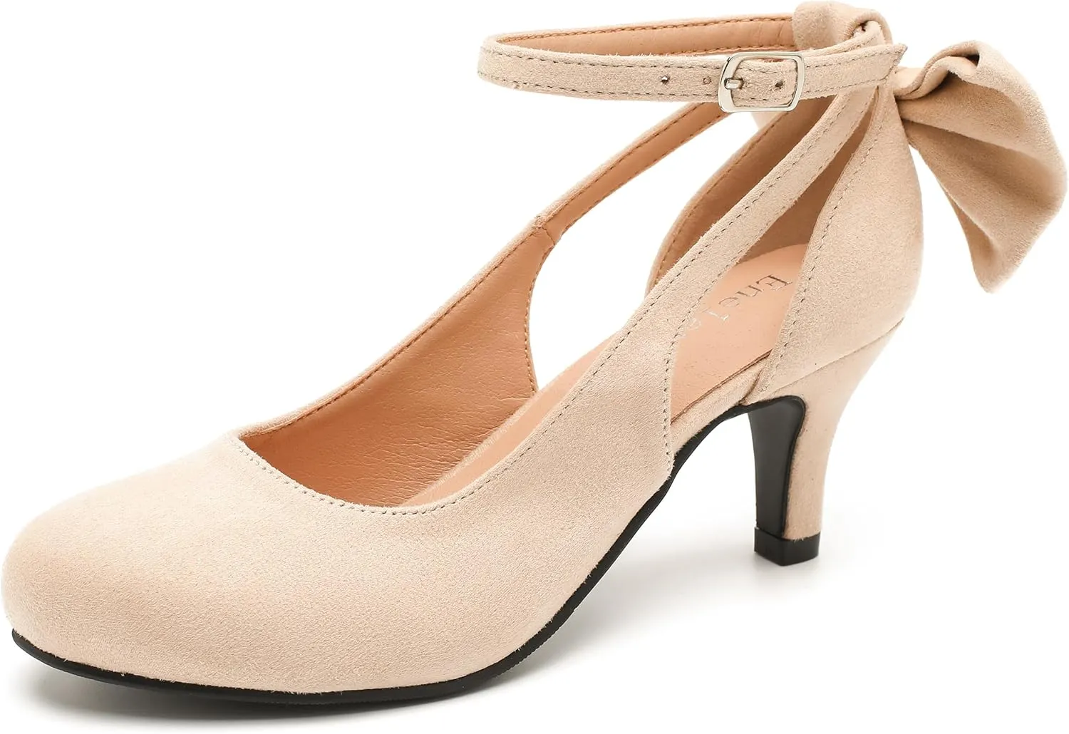 Enelauge Women's Mary Jane Bow Closed Toe Vintage Pumps Low Kitten Heel Retro Ankle Strap Buckle Comfortable Vintage Wedding Evening Party Dress Office Work Church Shoes