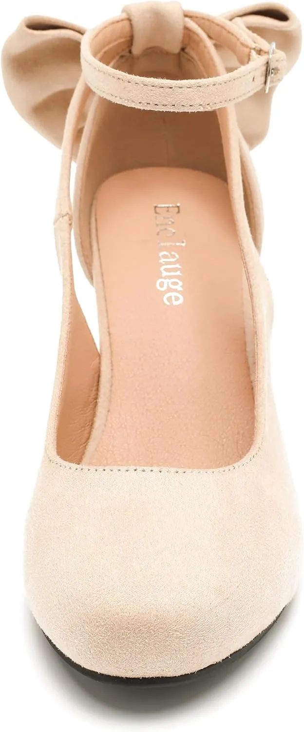 Enelauge Women's Mary Jane Bow Closed Toe Vintage Pumps Low Kitten Heel Retro Ankle Strap Buckle Comfortable Vintage Wedding Evening Party Dress Office Work Church Shoes