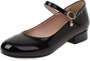 Gicoiz Round Toe Mary Jane Womens Girls Block Mid Heels Court Shoes