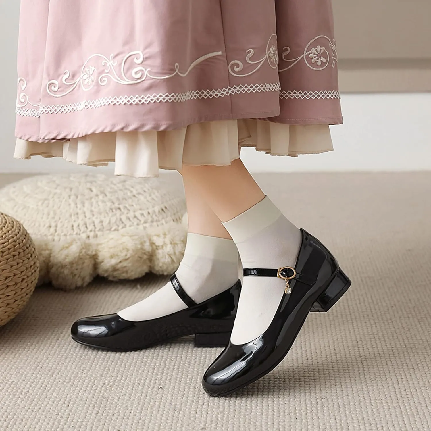 Gicoiz Round Toe Mary Jane Womens Girls Block Mid Heels Court Shoes