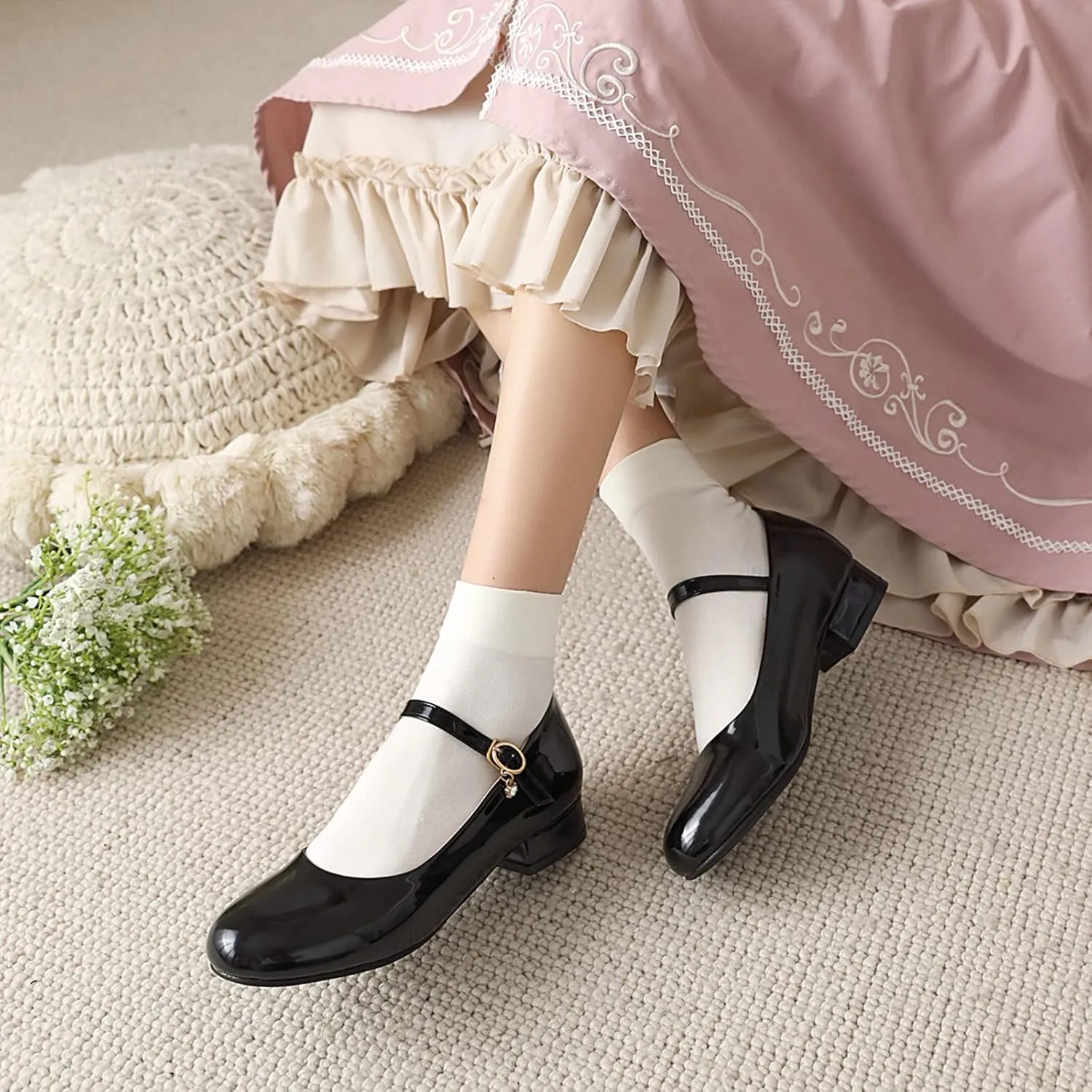 Gicoiz Round Toe Mary Jane Womens Girls Block Mid Heels Court Shoes