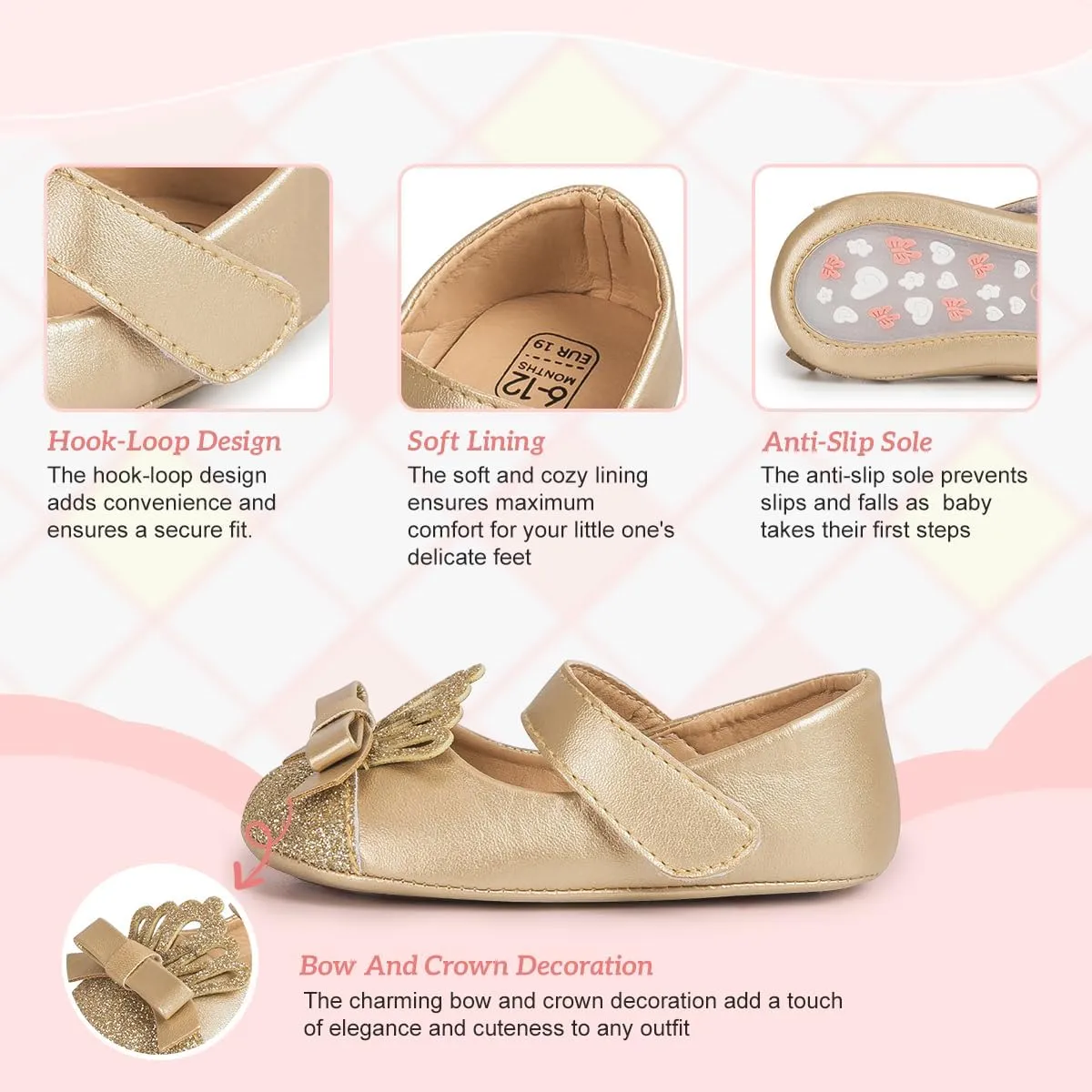 KIDSUN Infant Baby Girls Mary Jane Shoes Non-Slip Rubber Sole Ballet Slippers Princess Dress Wedding Shoes Newborn Crib Shoes First Walkers Shoes