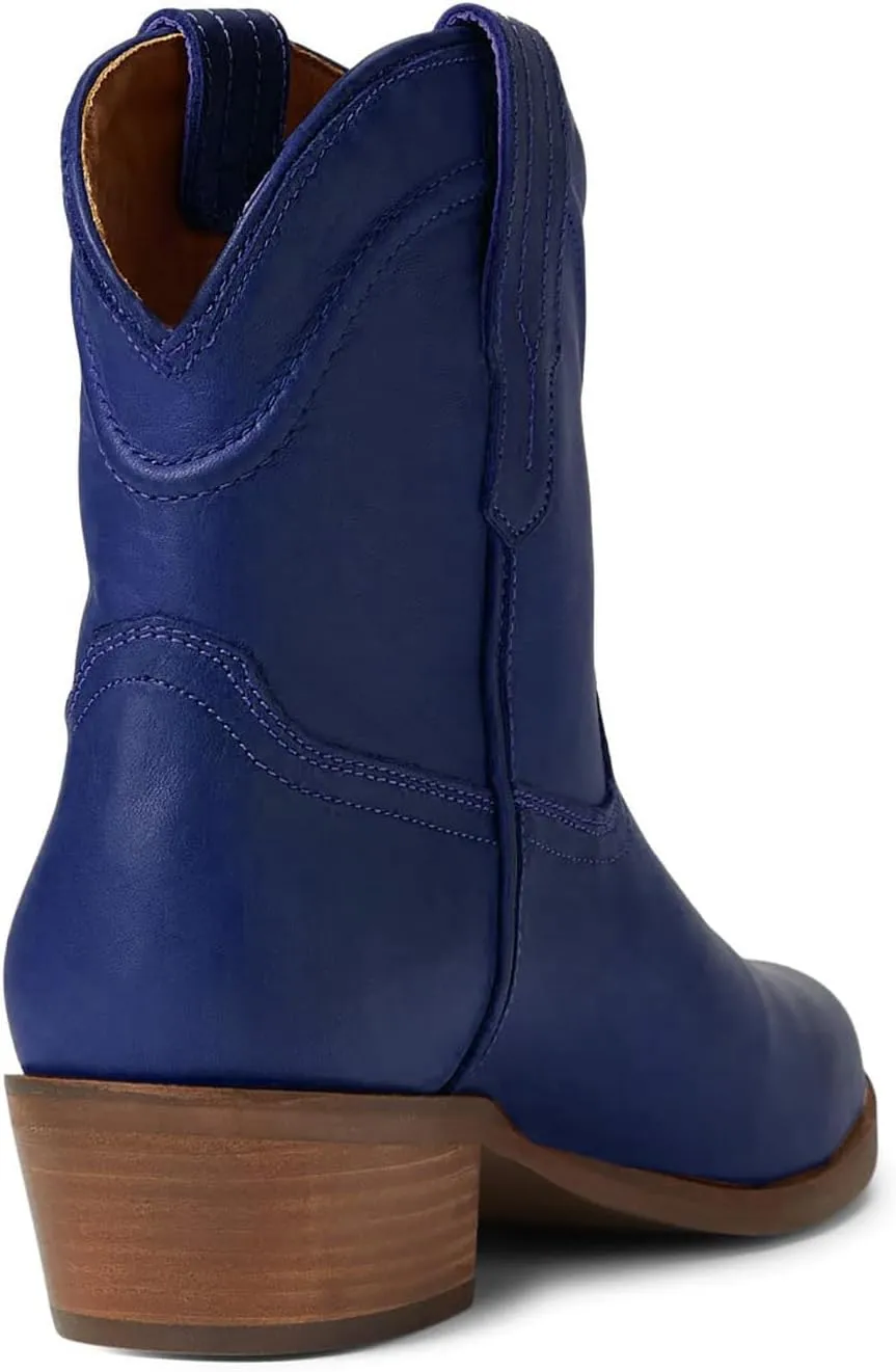 LEHOOR Women Cowboy Western Ankle Boots Pointed toe Low Stacked Heel Cowgirl Booties V Cut Retro Slouch 2 Inch Chunky Block Heel Slip On Short Dress Boots Wide Calf Casual Winter 4-11 M US