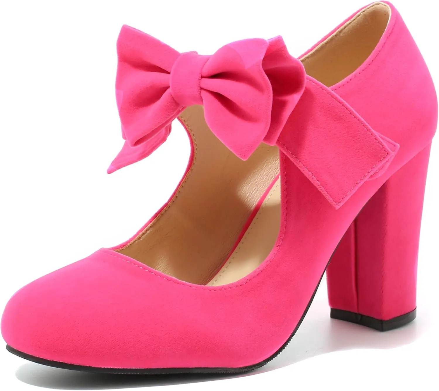 MAIERNISI JESSI Women's Bowknot Mary Jane Block Heel Round Pumps Closed Toe Dress Shoes