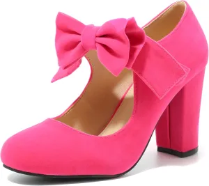 MAIERNISI JESSI Women's Bowknot Mary Jane Block Heel Round Pumps Closed Toe Dress Shoes