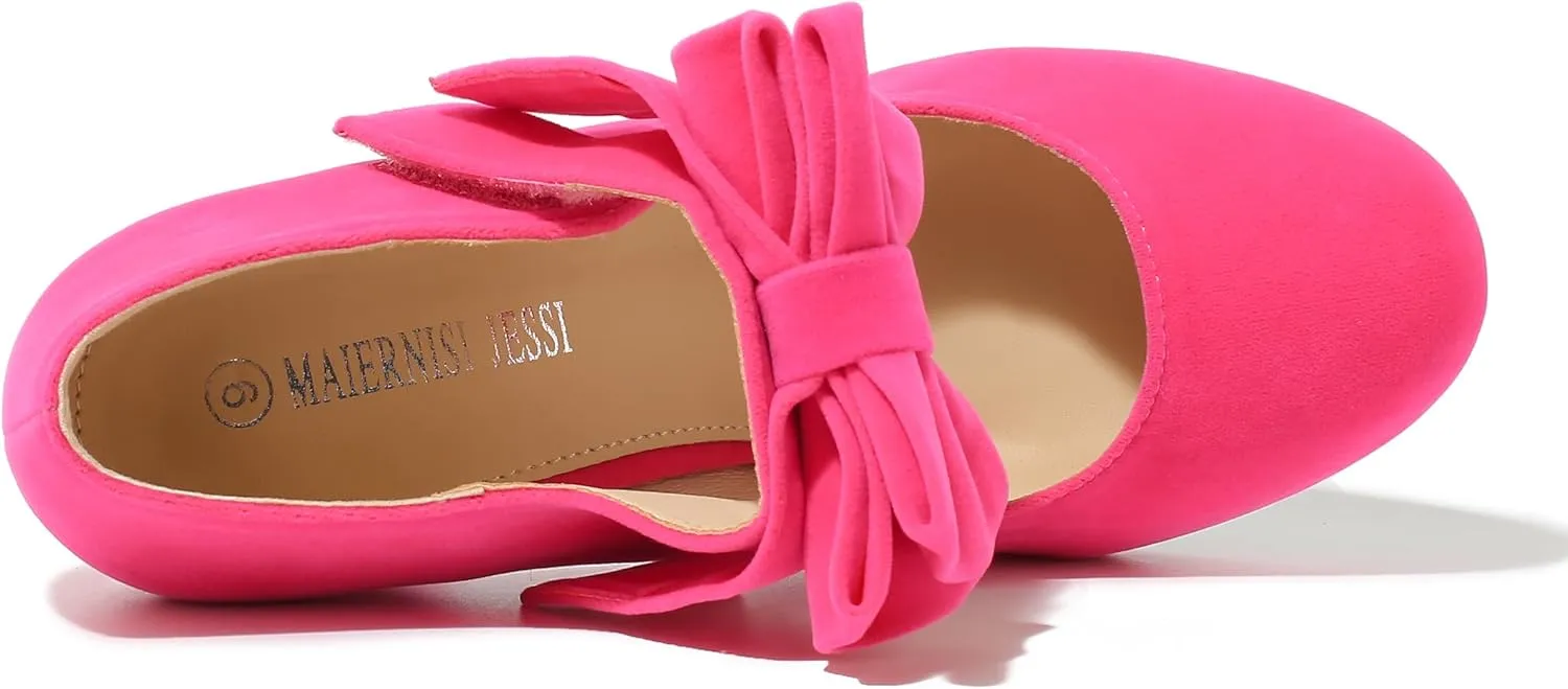 MAIERNISI JESSI Women's Bowknot Mary Jane Block Heel Round Pumps Closed Toe Dress Shoes