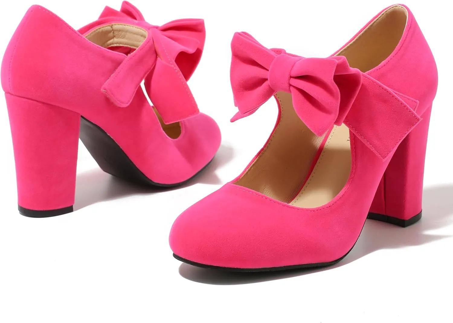 MAIERNISI JESSI Women's Bowknot Mary Jane Block Heel Round Pumps Closed Toe Dress Shoes