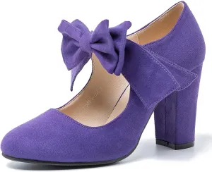 MAIERNISI JESSI Women's Bowknot Mary Jane Block Heel Round Pumps Closed Toe Dress Shoes