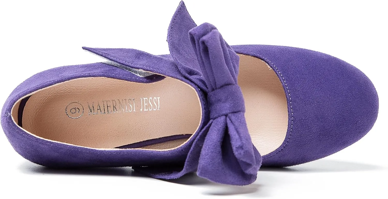 MAIERNISI JESSI Women's Bowknot Mary Jane Block Heel Round Pumps Closed Toe Dress Shoes
