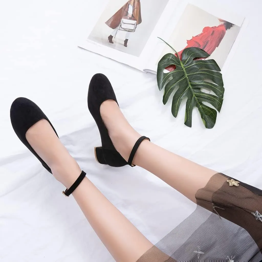 MIOKE Women's Retro Square Toe Mid Block Heel Pumps Suede Ankle Strap Comfort Chunky Office Dress Shoes