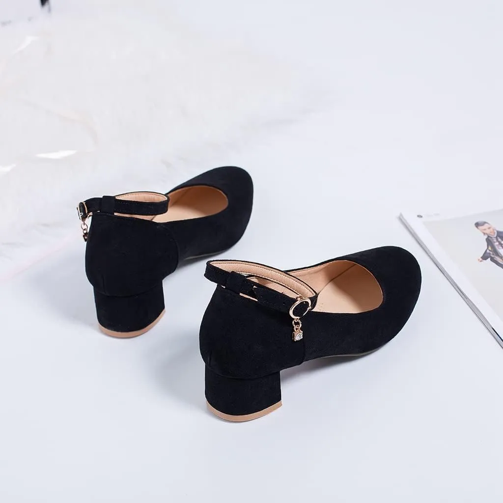 MIOKE Women's Retro Square Toe Mid Block Heel Pumps Suede Ankle Strap Comfort Chunky Office Dress Shoes