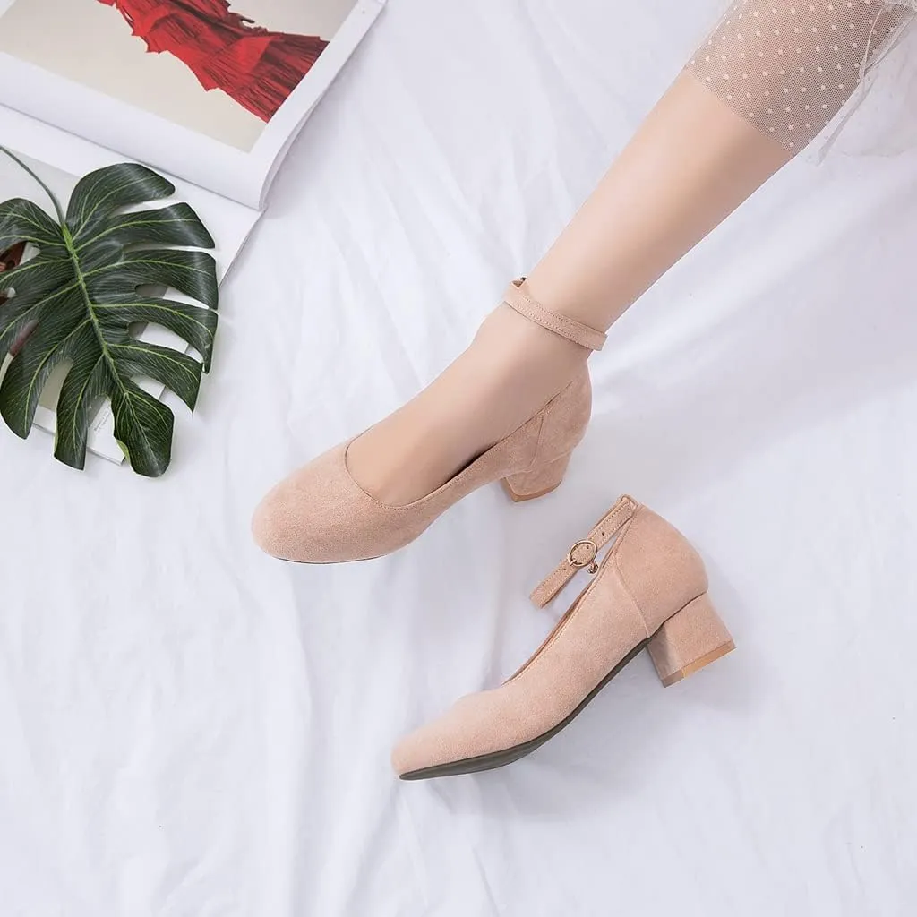 MIOKE Women's Retro Square Toe Mid Block Heel Pumps Suede Ankle Strap Comfort Chunky Office Dress Shoes