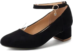 MIOKE Women's Retro Square Toe Mid Block Heel Pumps Suede Ankle Strap Comfort Chunky Office Dress Shoes