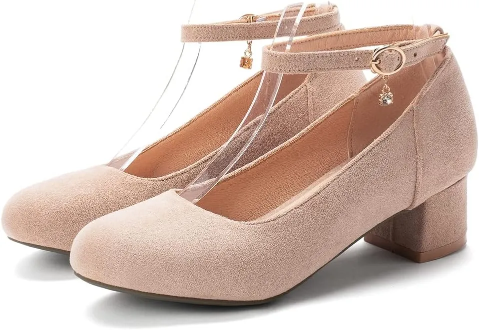 MIOKE Women's Retro Square Toe Mid Block Heel Pumps Suede Ankle Strap Comfort Chunky Office Dress Shoes