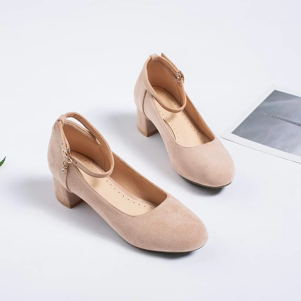 MIOKE Women's Retro Square Toe Mid Block Heel Pumps Suede Ankle Strap Comfort Chunky Office Dress Shoes