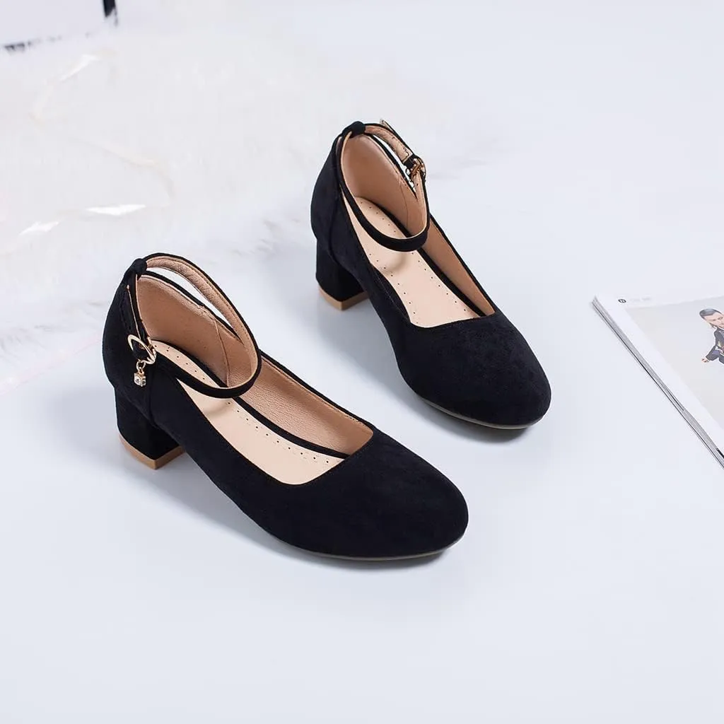 MIOKE Women's Retro Square Toe Mid Block Heel Pumps Suede Ankle Strap Comfort Chunky Office Dress Shoes