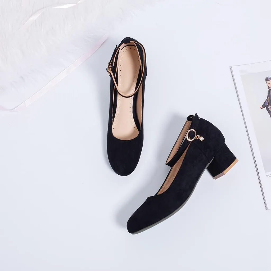 MIOKE Women's Retro Square Toe Mid Block Heel Pumps Suede Ankle Strap Comfort Chunky Office Dress Shoes