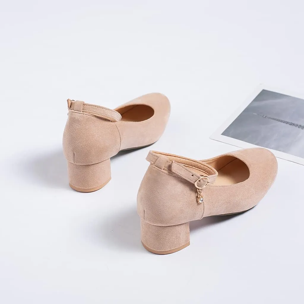 MIOKE Women's Retro Square Toe Mid Block Heel Pumps Suede Ankle Strap Comfort Chunky Office Dress Shoes