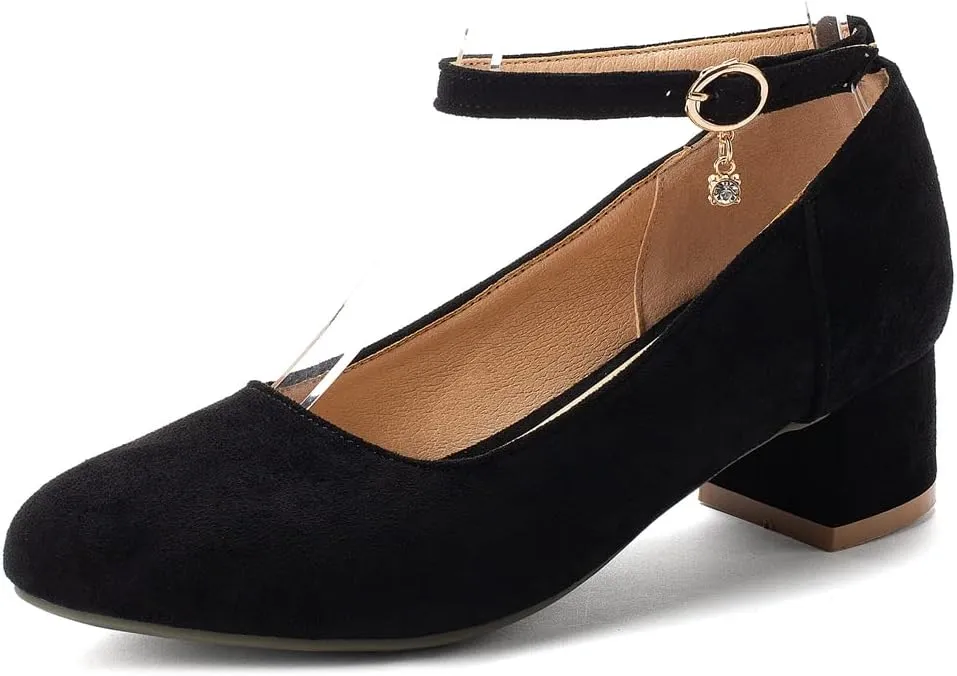 MIOKE Women's Retro Square Toe Mid Block Heel Pumps Suede Ankle Strap Comfort Chunky Office Dress Shoes
