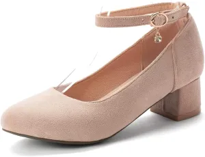 MIOKE Women's Retro Square Toe Mid Block Heel Pumps Suede Ankle Strap Comfort Chunky Office Dress Shoes