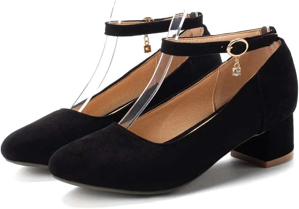 MIOKE Women's Retro Square Toe Mid Block Heel Pumps Suede Ankle Strap Comfort Chunky Office Dress Shoes