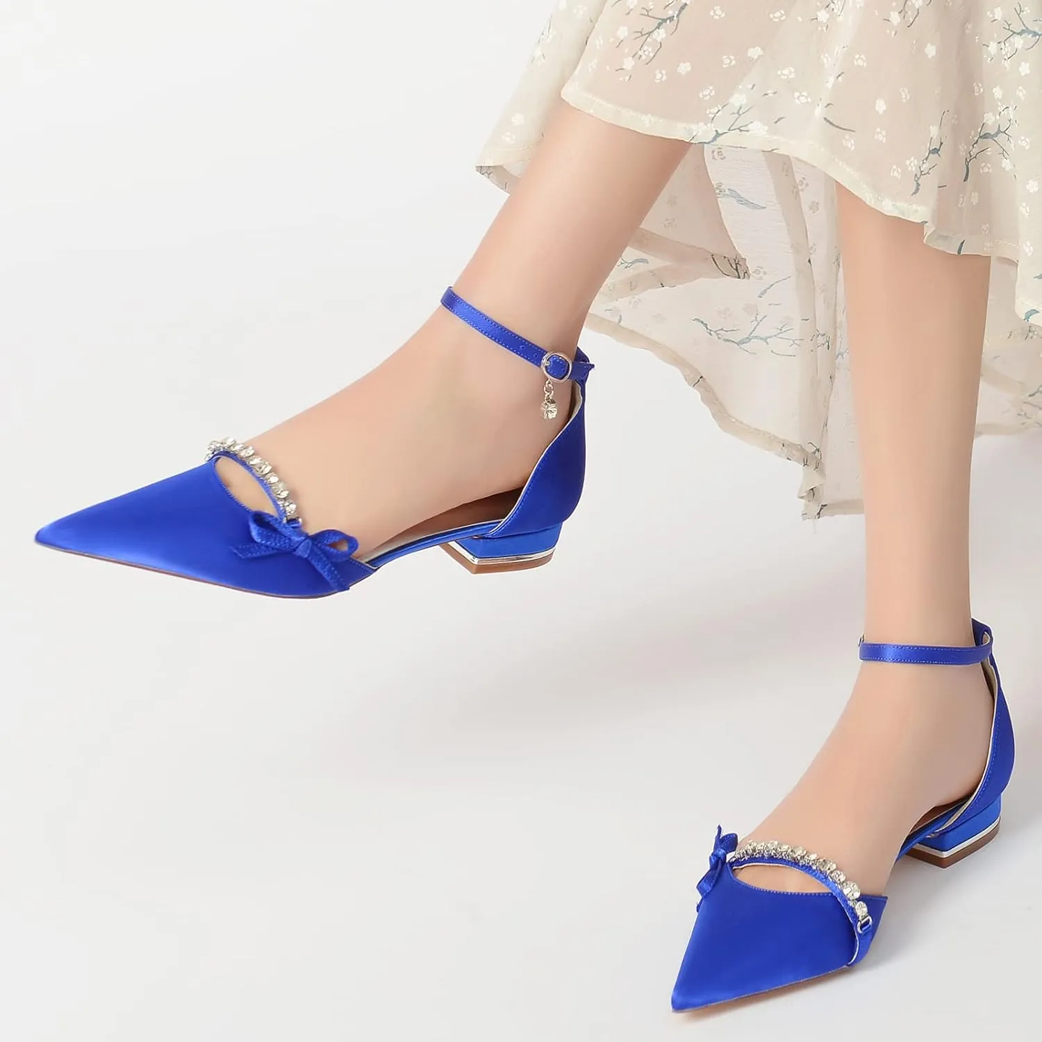 Satin Crystal Wedding Bride Comfortable Satin White Wedding Shoes Low Heels Ankle Strap Bridal Flats Evening Prom Party Dress Shoes