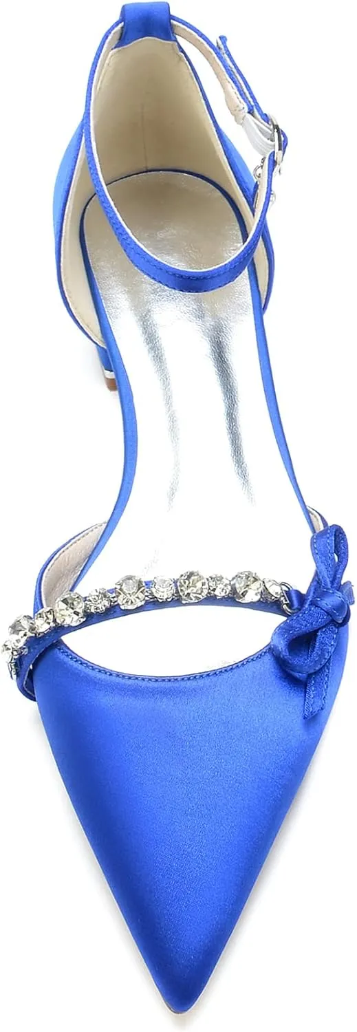 Satin Crystal Wedding Bride Comfortable Satin White Wedding Shoes Low Heels Ankle Strap Bridal Flats Evening Prom Party Dress Shoes