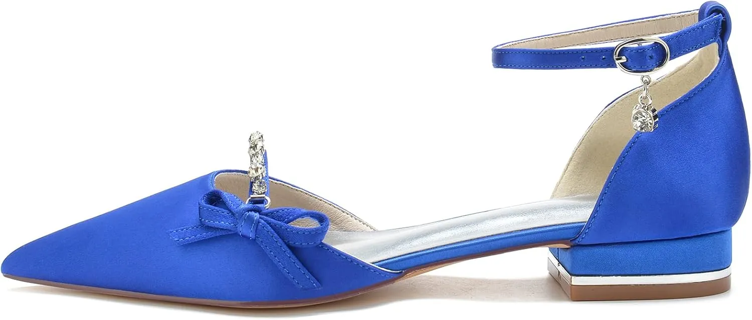 Satin Crystal Wedding Bride Comfortable Satin White Wedding Shoes Low Heels Ankle Strap Bridal Flats Evening Prom Party Dress Shoes