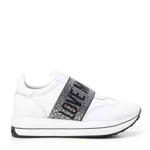 Scarpe Donna LOVE MOSCHINO Sneakers Running Slip On in Pelle Bianca con Fascia con Strass