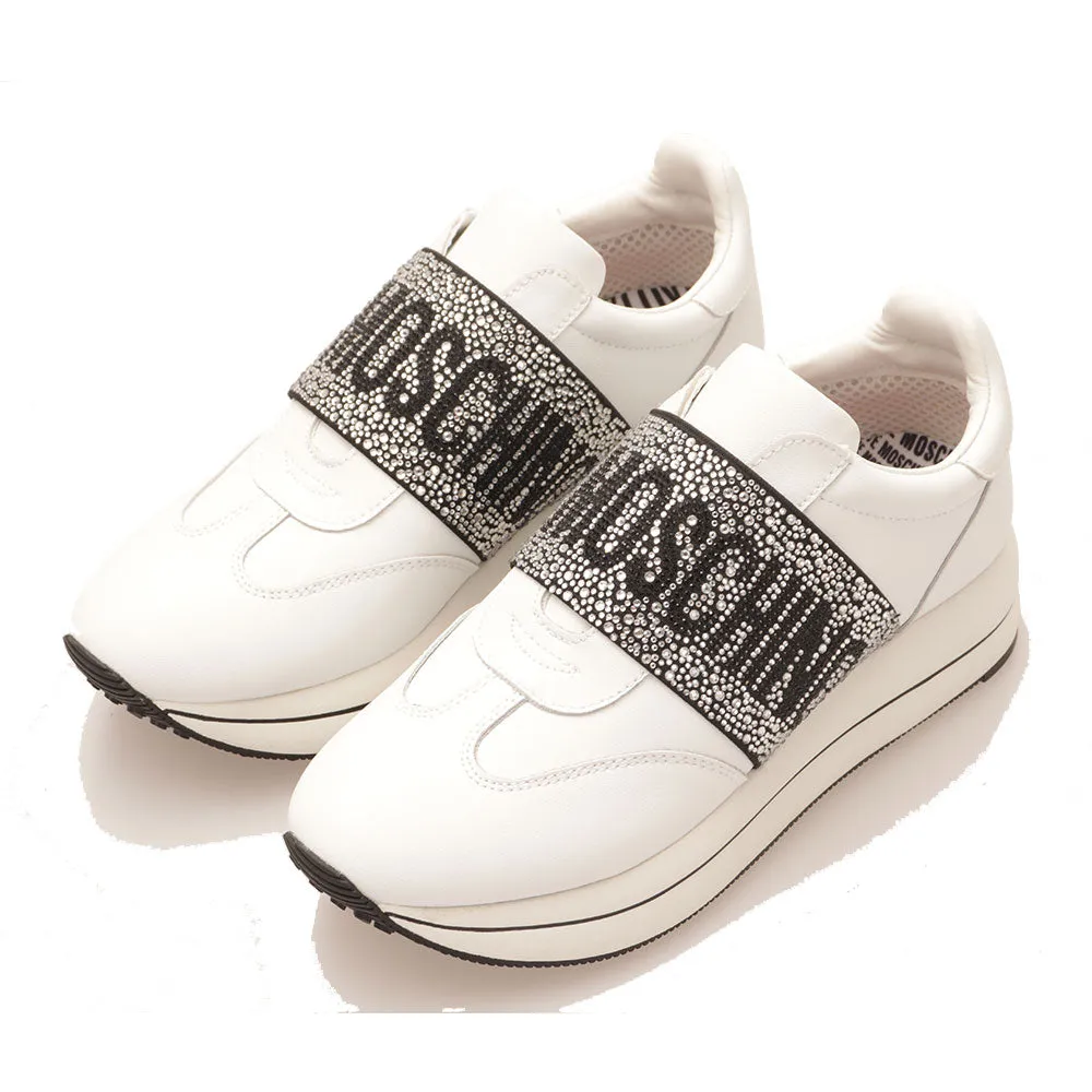 Scarpe Donna LOVE MOSCHINO Sneakers Running Slip On in Pelle Bianca con Fascia con Strass