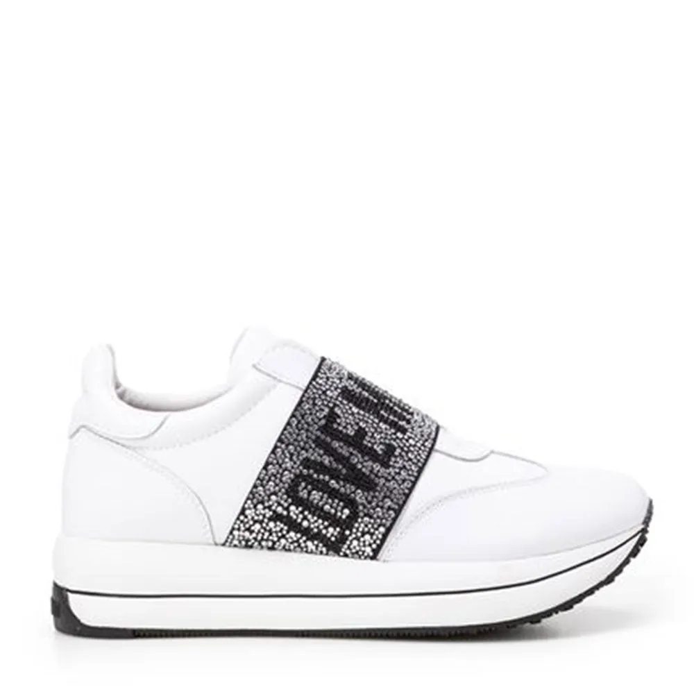 Scarpe Donna LOVE MOSCHINO Sneakers Running Slip On in Pelle Bianca con Fascia con Strass