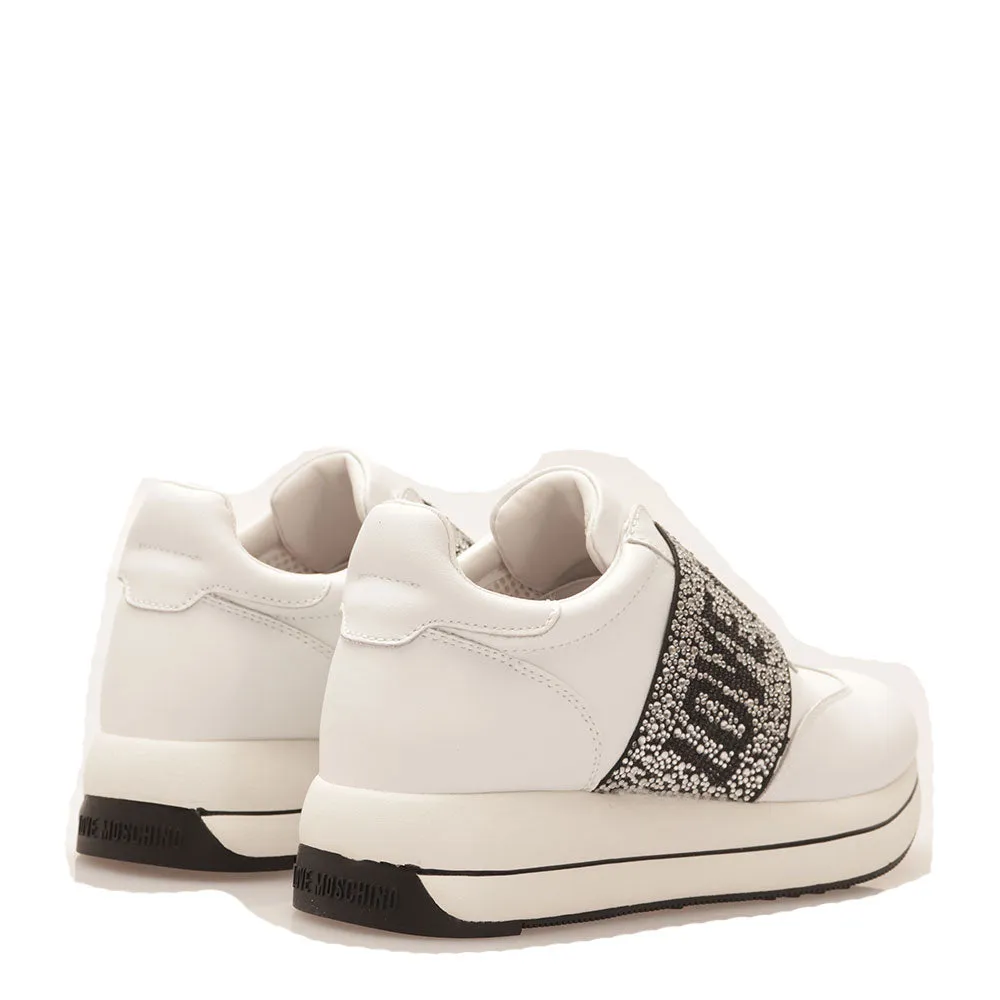 Scarpe Donna LOVE MOSCHINO Sneakers Running Slip On in Pelle Bianca con Fascia con Strass