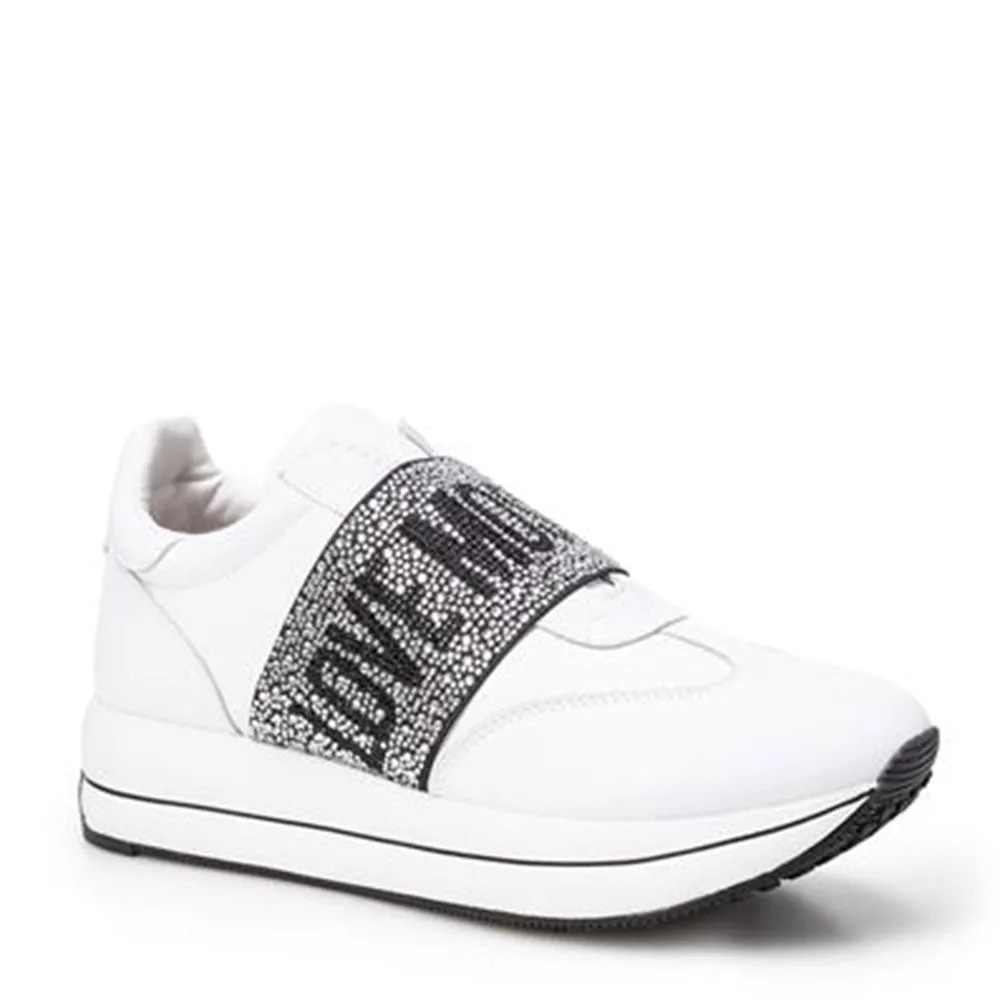 Scarpe Donna LOVE MOSCHINO Sneakers Running Slip On in Pelle Bianca con Fascia con Strass