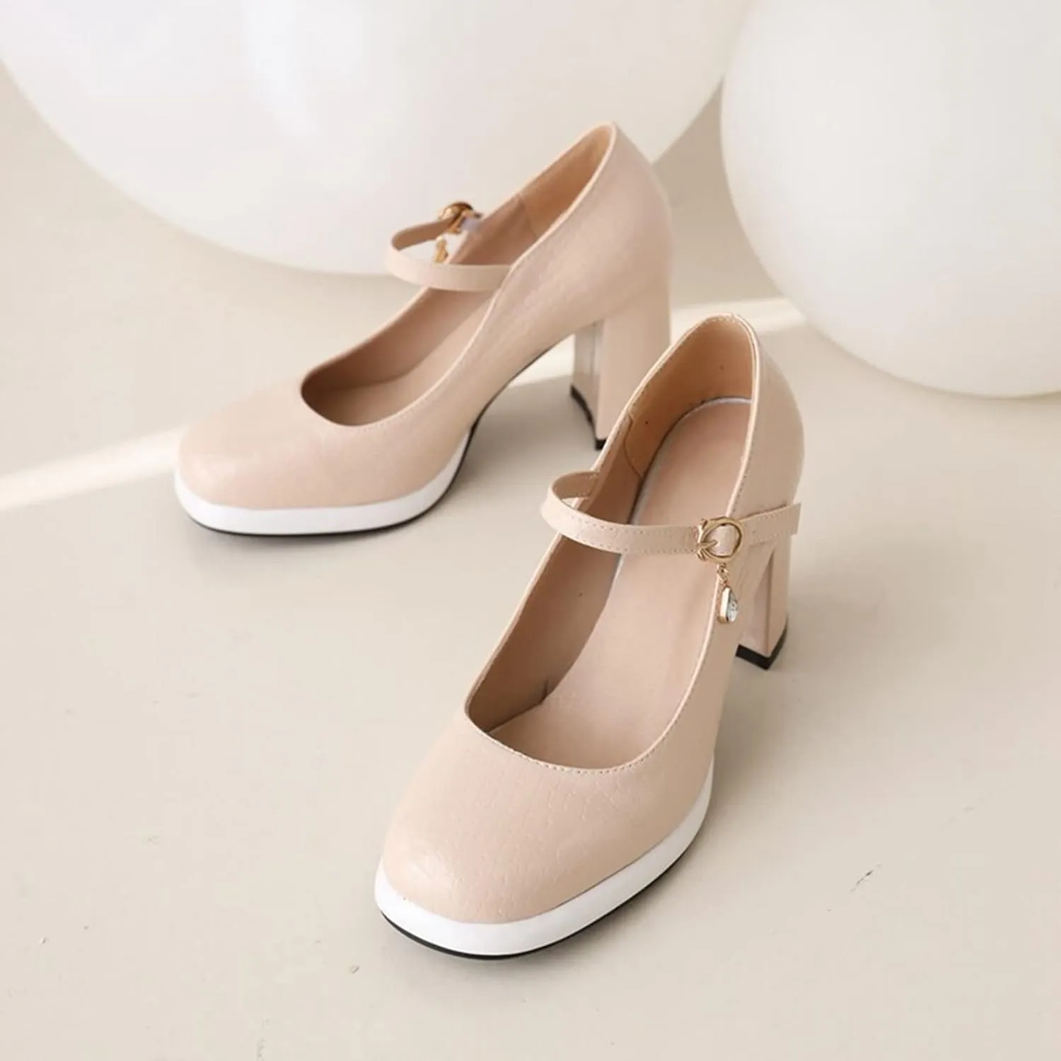 Women Chunky Platform Mary Jane Shoes Buckled Ankle Strap Square Toe High Heel Dress Wedding Pumps