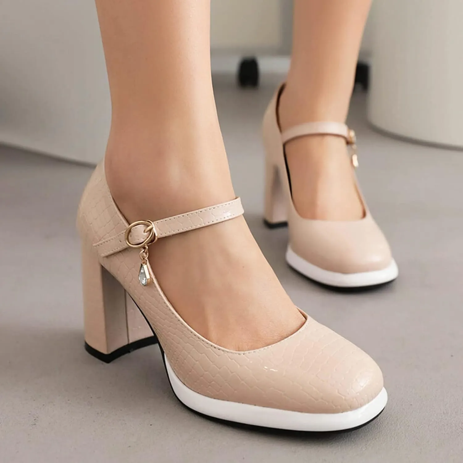 Women Chunky Platform Mary Jane Shoes Buckled Ankle Strap Square Toe High Heel Dress Wedding Pumps