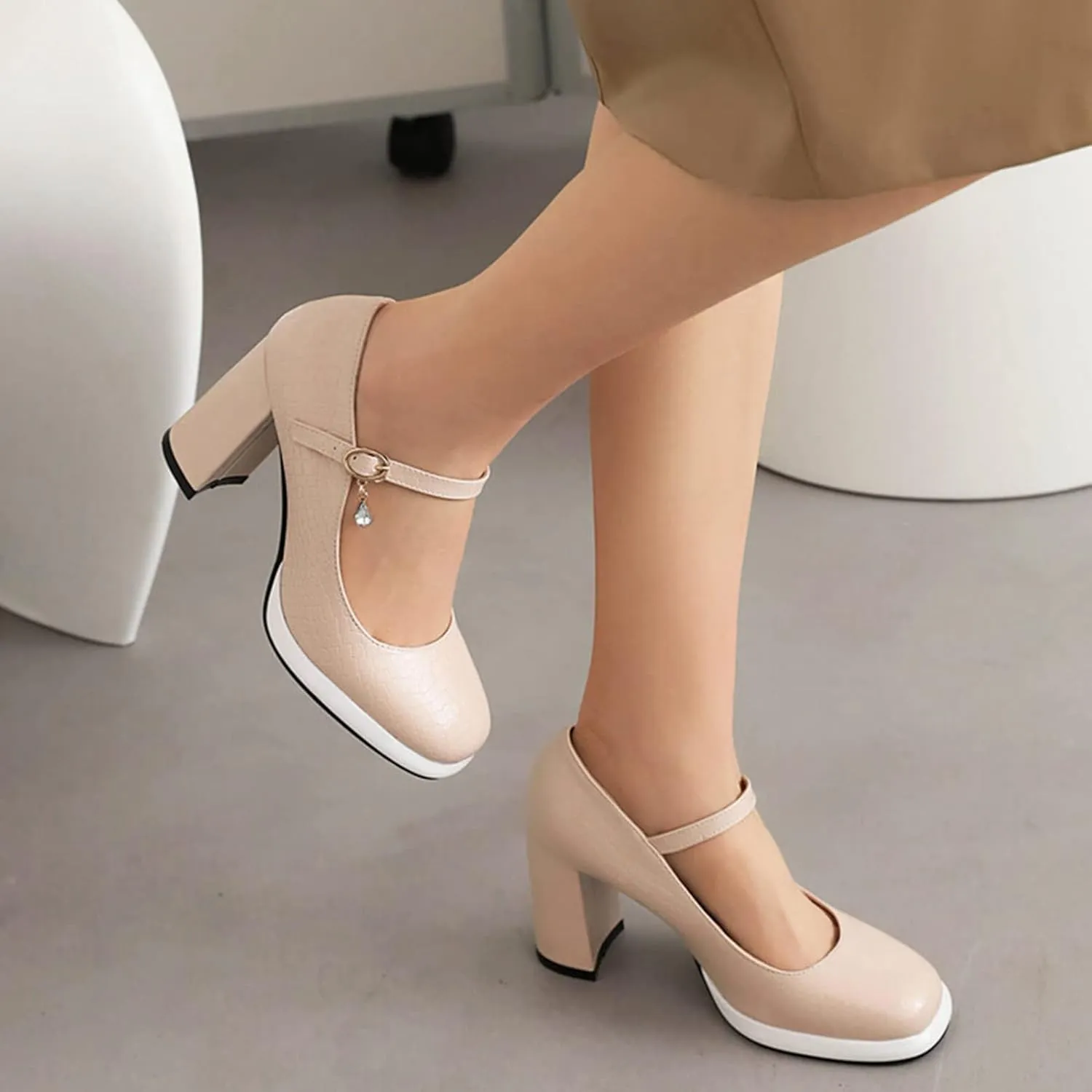 Women Chunky Platform Mary Jane Shoes Buckled Ankle Strap Square Toe High Heel Dress Wedding Pumps