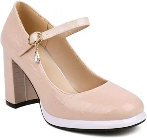 Women Chunky Platform Mary Jane Shoes Buckled Ankle Strap Square Toe High Heel Dress Wedding Pumps