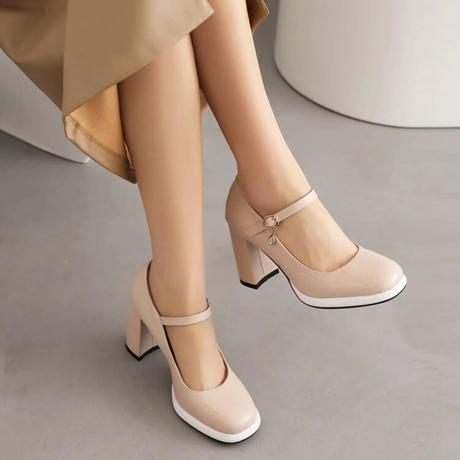 Women Chunky Platform Mary Jane Shoes Buckled Ankle Strap Square Toe High Heel Dress Wedding Pumps