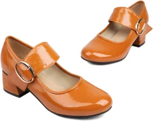 Women Retro Round Toe Mary Janes Patent Leather Chunky Mid Heel Pumps Casual Buckle Strap Dress Shoes