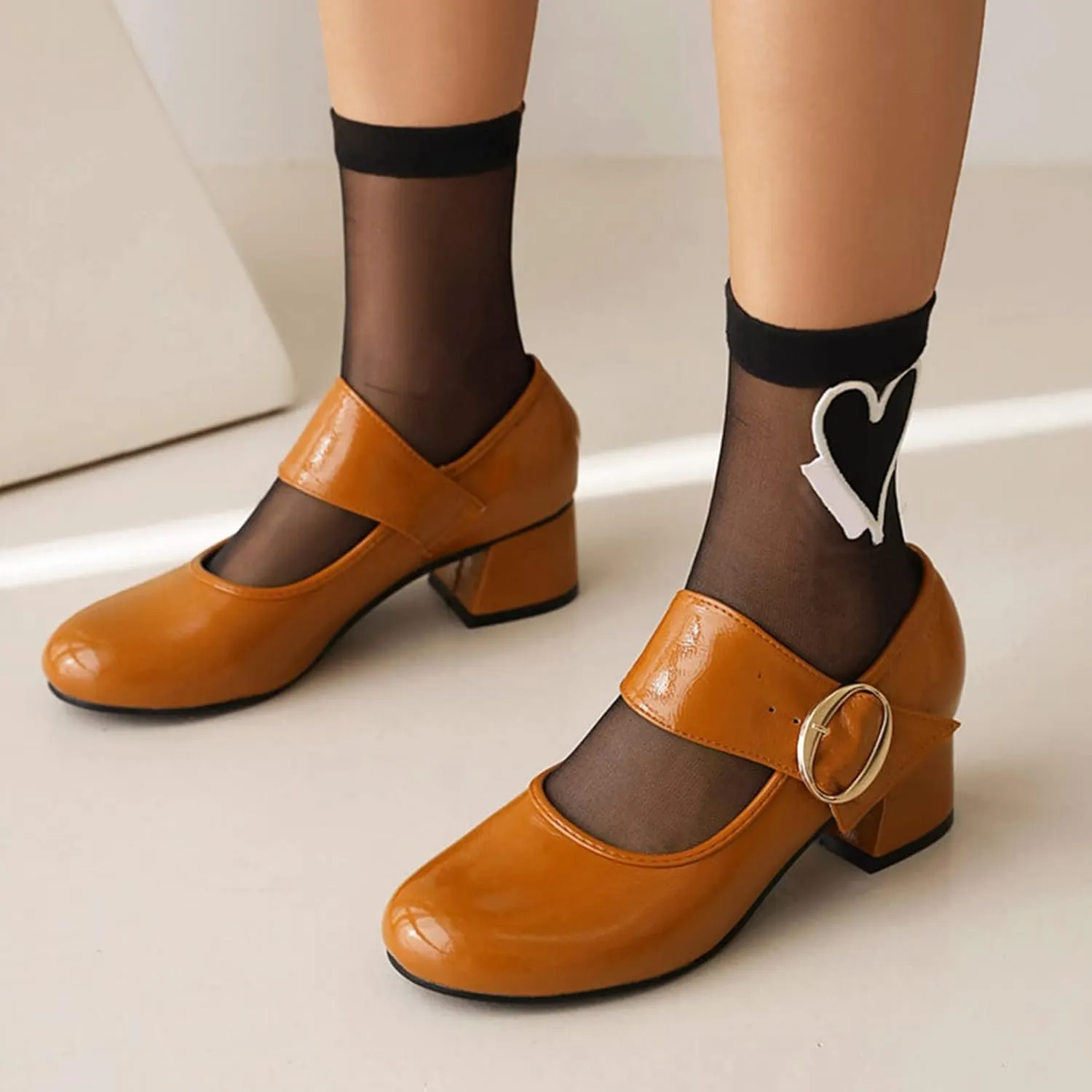 Women Retro Round Toe Mary Janes Patent Leather Chunky Mid Heel Pumps Casual Buckle Strap Dress Shoes