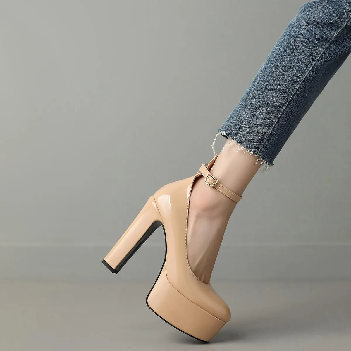 Womens Ankle Strap Thick Heel Platform Pumps Round Toe Block Heels Prom Pumps Buckles Flatform Dress Shoes