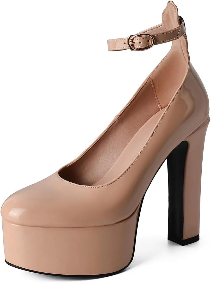 Womens Ankle Strap Thick Heel Platform Pumps Round Toe Block Heels Prom Pumps Buckles Flatform Dress Shoes
