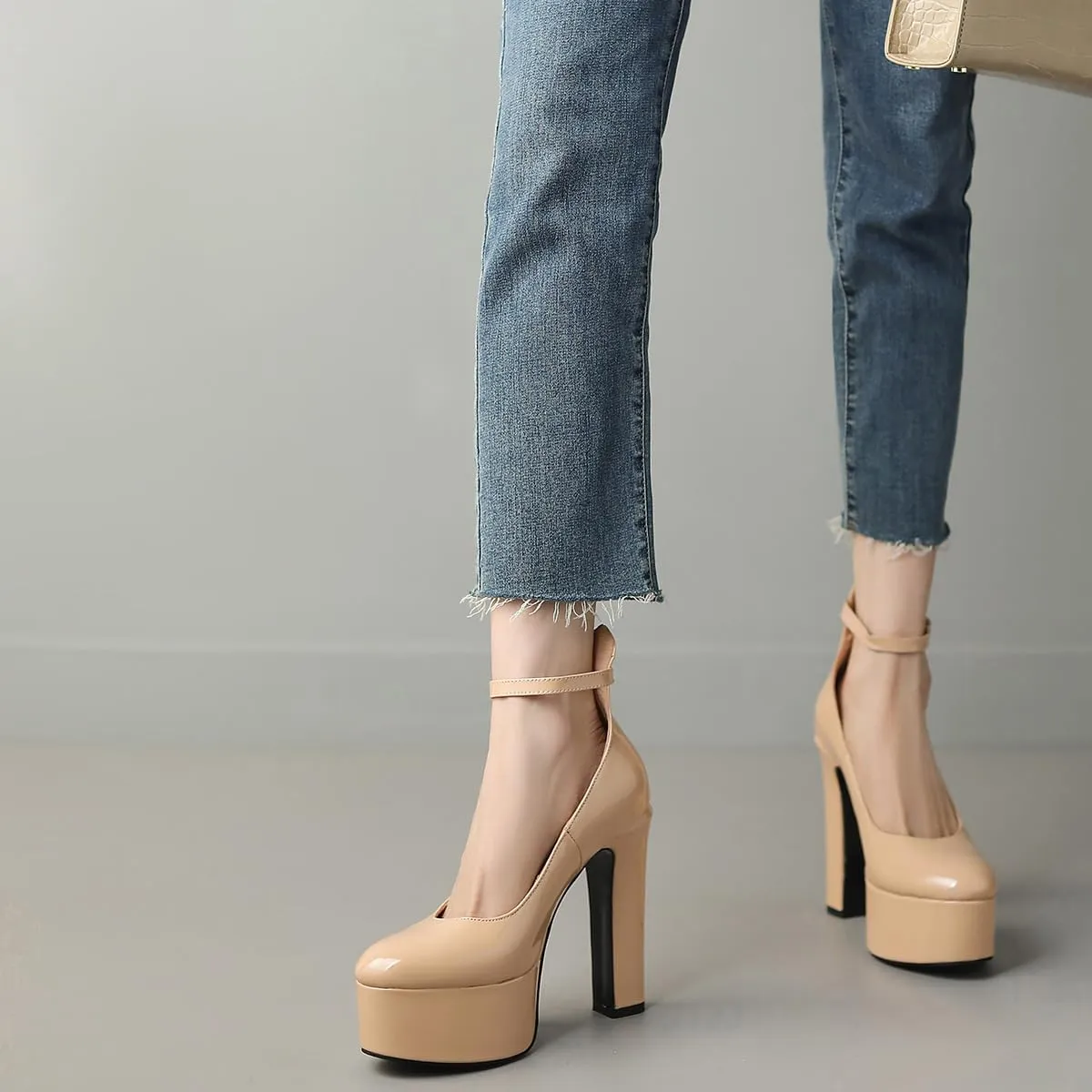 Womens Ankle Strap Thick Heel Platform Pumps Round Toe Block Heels Prom Pumps Buckles Flatform Dress Shoes