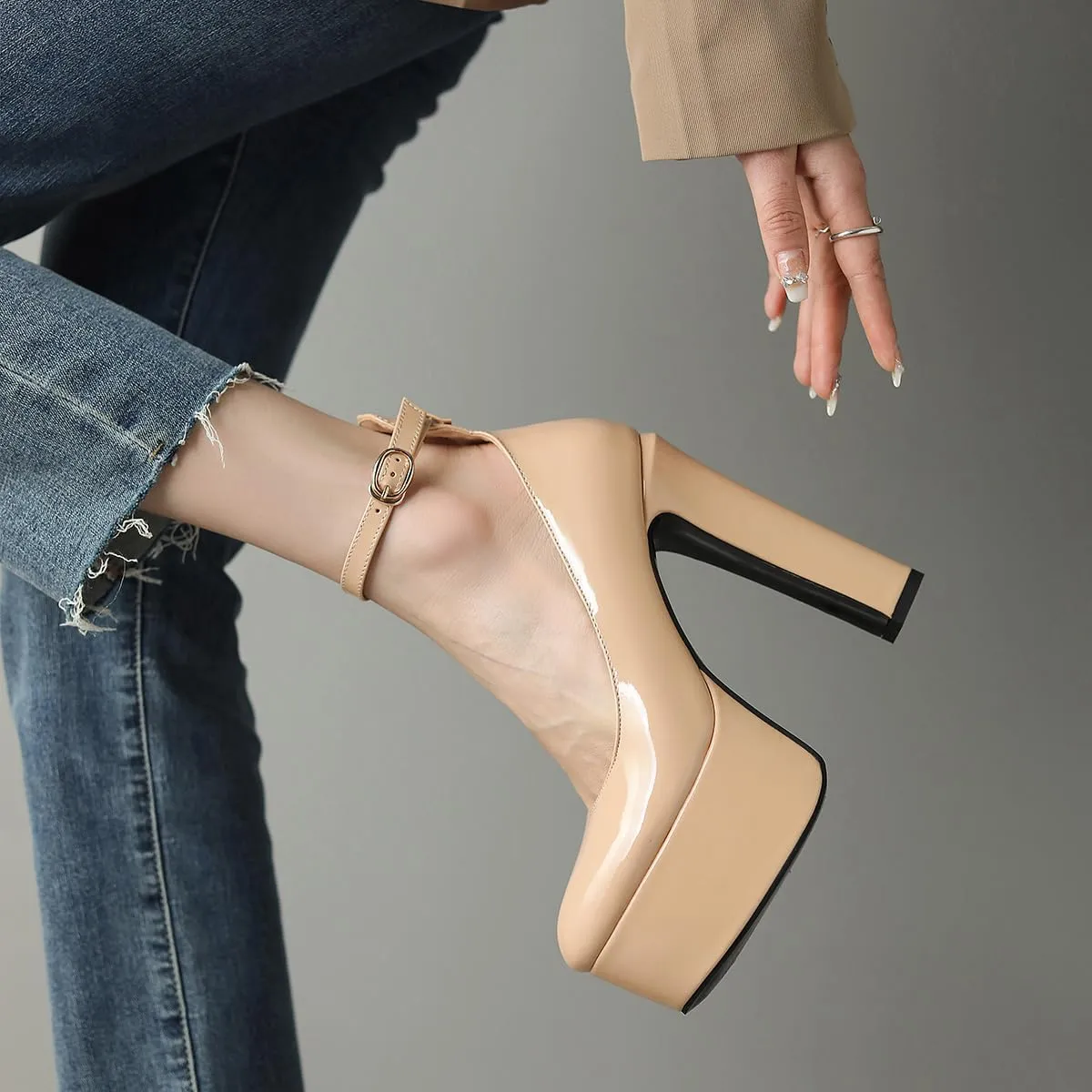 Womens Ankle Strap Thick Heel Platform Pumps Round Toe Block Heels Prom Pumps Buckles Flatform Dress Shoes