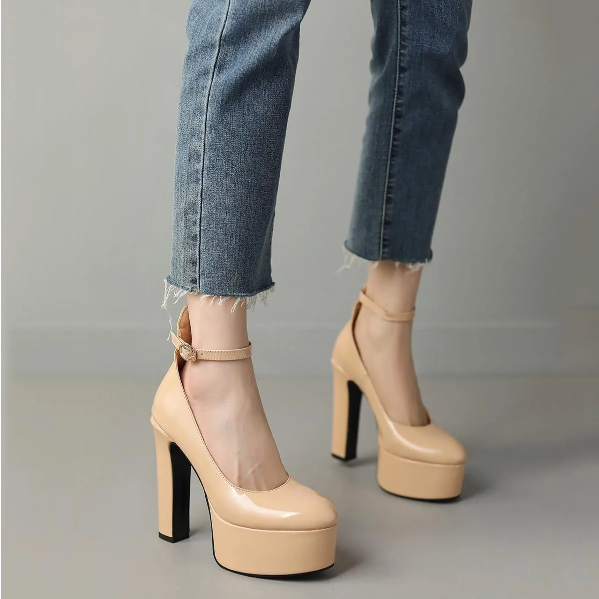 Womens Ankle Strap Thick Heel Platform Pumps Round Toe Block Heels Prom Pumps Buckles Flatform Dress Shoes